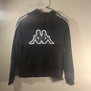 Kappa Women's Black Cropped Hoodie with White Logo and Stripes Size M